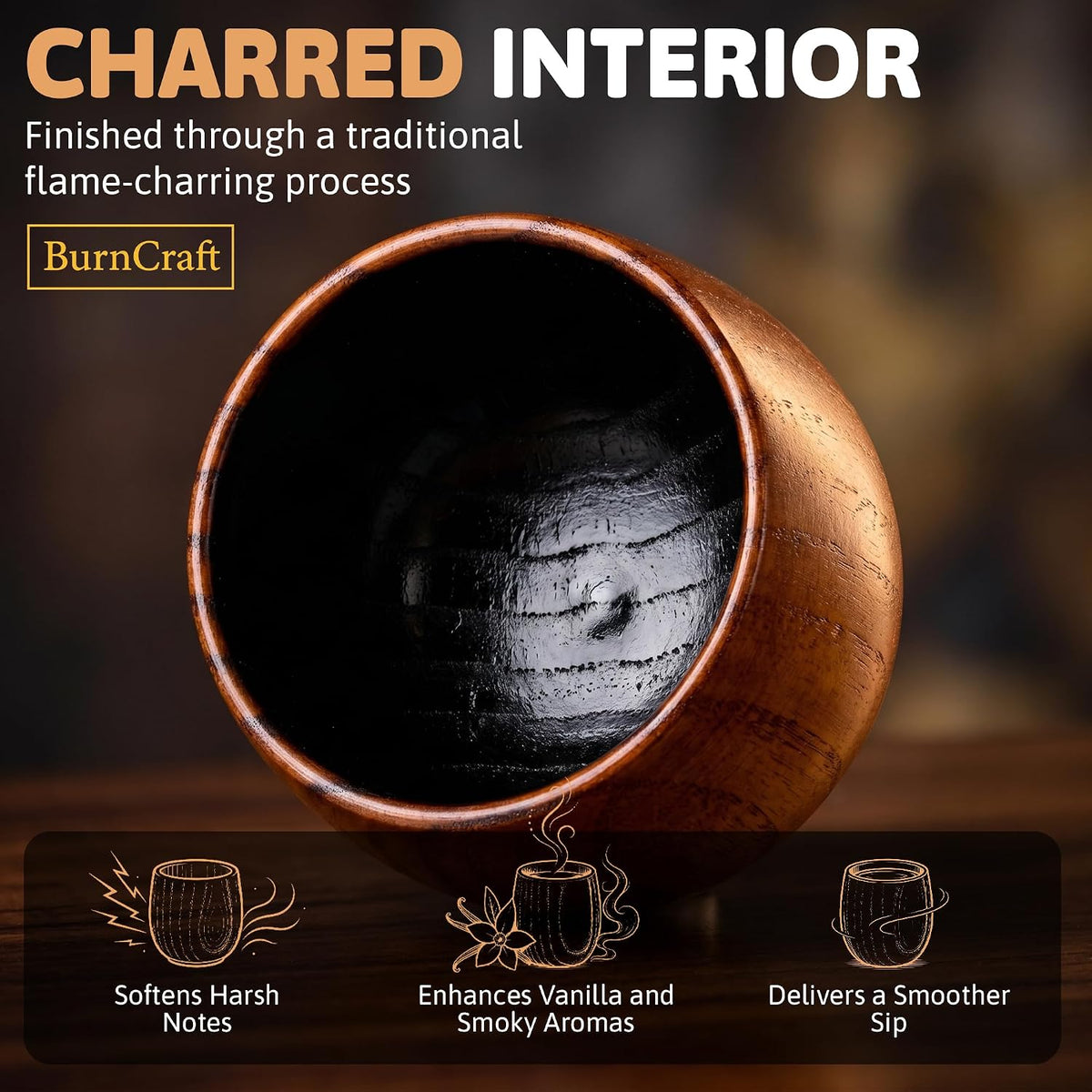 Charred Wooden Whiskey Glass Set of 2 - Artisan Bourbon Tumbler for Men - Natural Wood Drinking Cup for Whiskey Lovers - Gift for Husband, Father, Brother or Boyfriend - Gifts for Men and Father’S Day