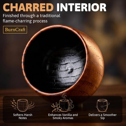 Charred Wooden Whiskey Glass Set of 2 - Artisan Bourbon Tumbler for Men - Natural Wood Drinking Cup for Whiskey Lovers - Gift for Husband, Father, Brother or Boyfriend - Gifts for Men and Father’S Day