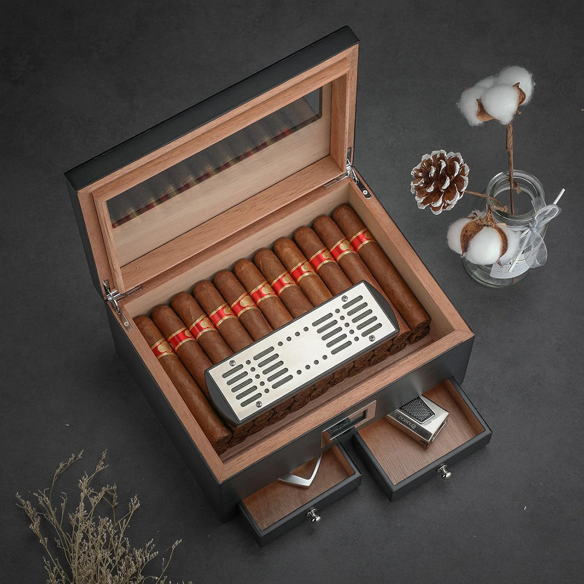 Cigar Humidor with 2 Drawers,Cigar Accessories with Humidifier,Humidor Cigar Box Solid Cedar Wood,Cigar Gifts for Men,Glass Top Humidor,Cigar Case Fit 25-50 Cigars,Desktop Cigar Box