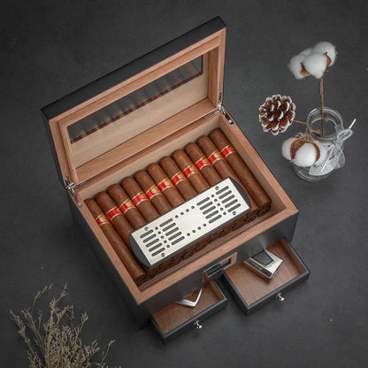 Cigar Humidor with 2 Drawers,Cigar Accessories with Humidifier,Humidor Cigar Box Solid Cedar Wood,Cigar Gifts for Men,Glass Top Humidor,Cigar Case Fit 25-50 Cigars,Desktop Cigar Box