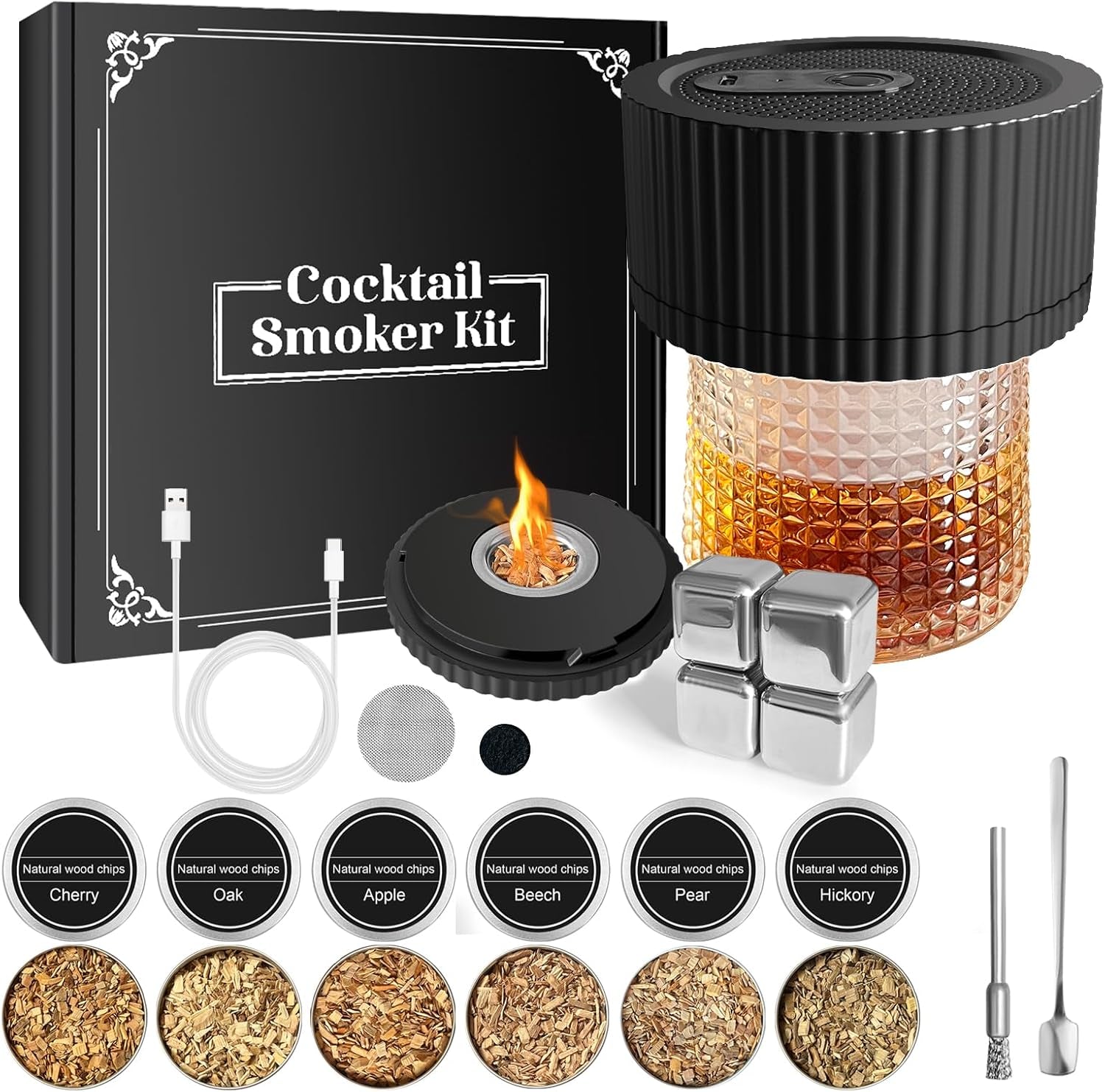 Electric Whiskey Smoker Kit Cocktail Smoker Kit with 6 Wood Chip Flavors Old Fashioned Drink Smoker Kit for Bourbon Whiskey Cocktails Home Bar Accessories Whiskey Gifts for Men Dad Husband