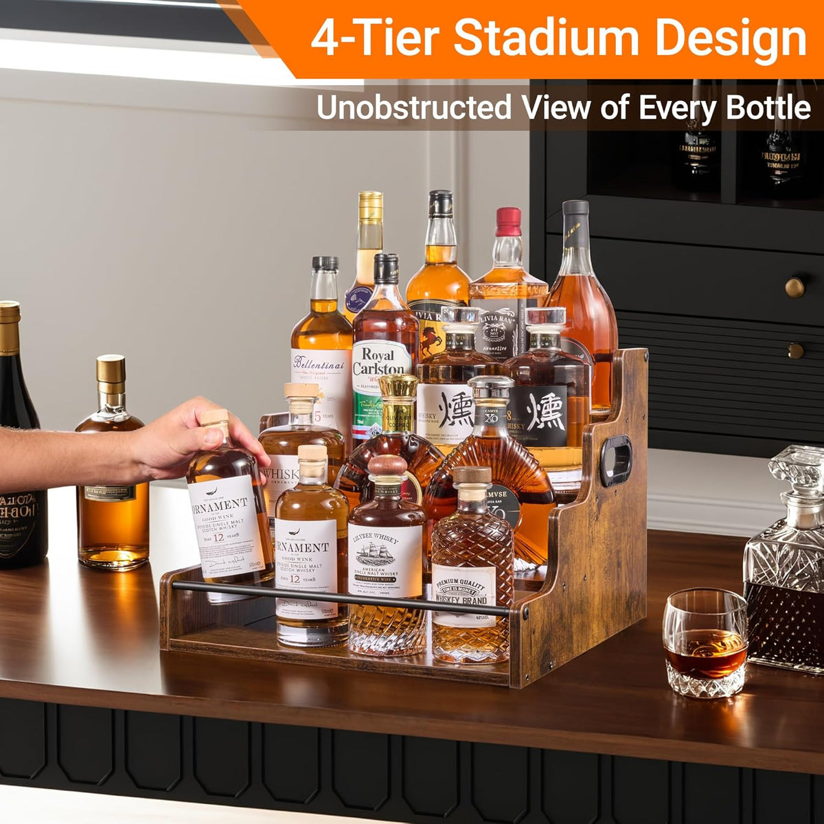4-Tier Liquor Bottle Display Shelf, Rustic Brown, 16-Inch