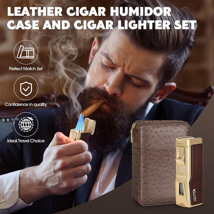 Cigar Humidor Box, Cigar Lighter Cedar Wood Lined Leather Cigar Case Built in Hygrometer & Humidifier, Torch Lighter with Cigar Holder Cigar Punch Portable Travel Cigar Humidor Kit(No Butane)