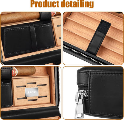 Cigar Humidor, Leather Cigar Case with Cedar Wood Lined, Portable Travel Cigar Humidor with Lighter and Cutter, Cigar Accessory Set, Cigar Gift Set - Black