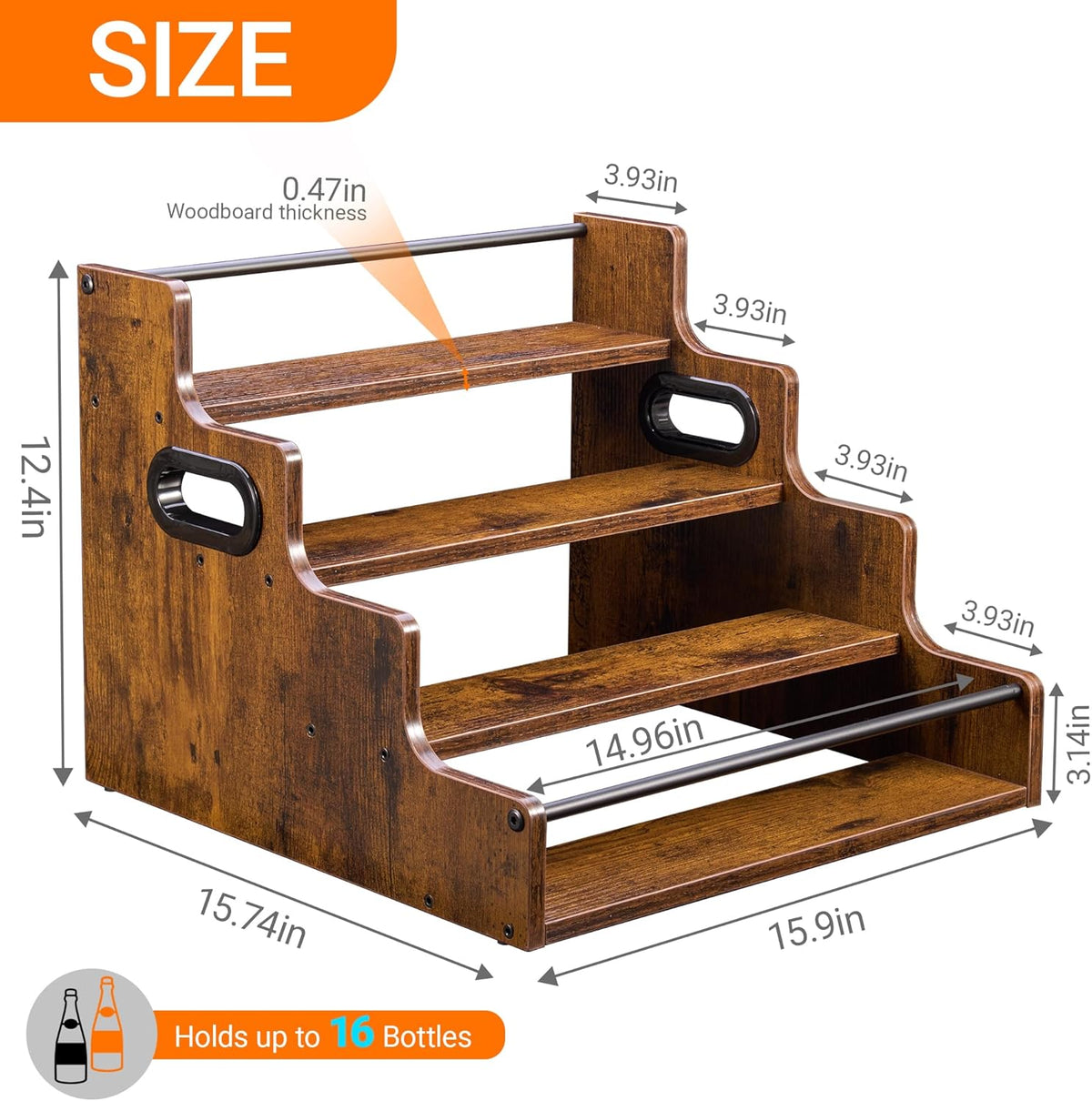 4-Tier Liquor Bottle Display Shelf, Rustic Brown, 16-Inch