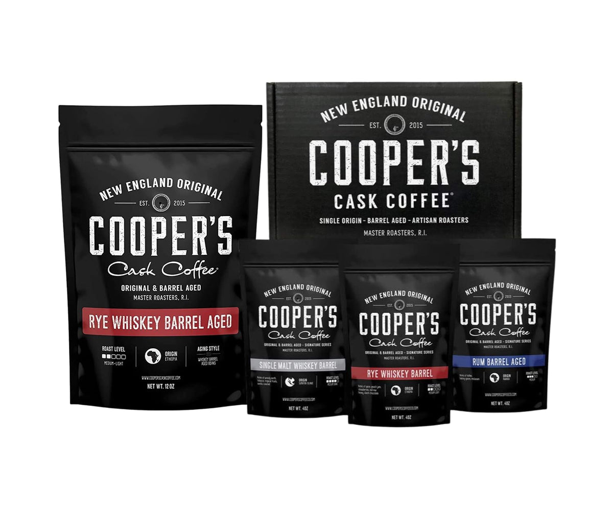 Rye Whiskey Barrel Aged Coffee - Single Origin Ethiopian Coffee Raw Beans Aged in Rye Whiskey Barrels - Ground 12Oz and Bourbon Barrel Aged Coffee Set (Pack of 3) - Ground 4Oz