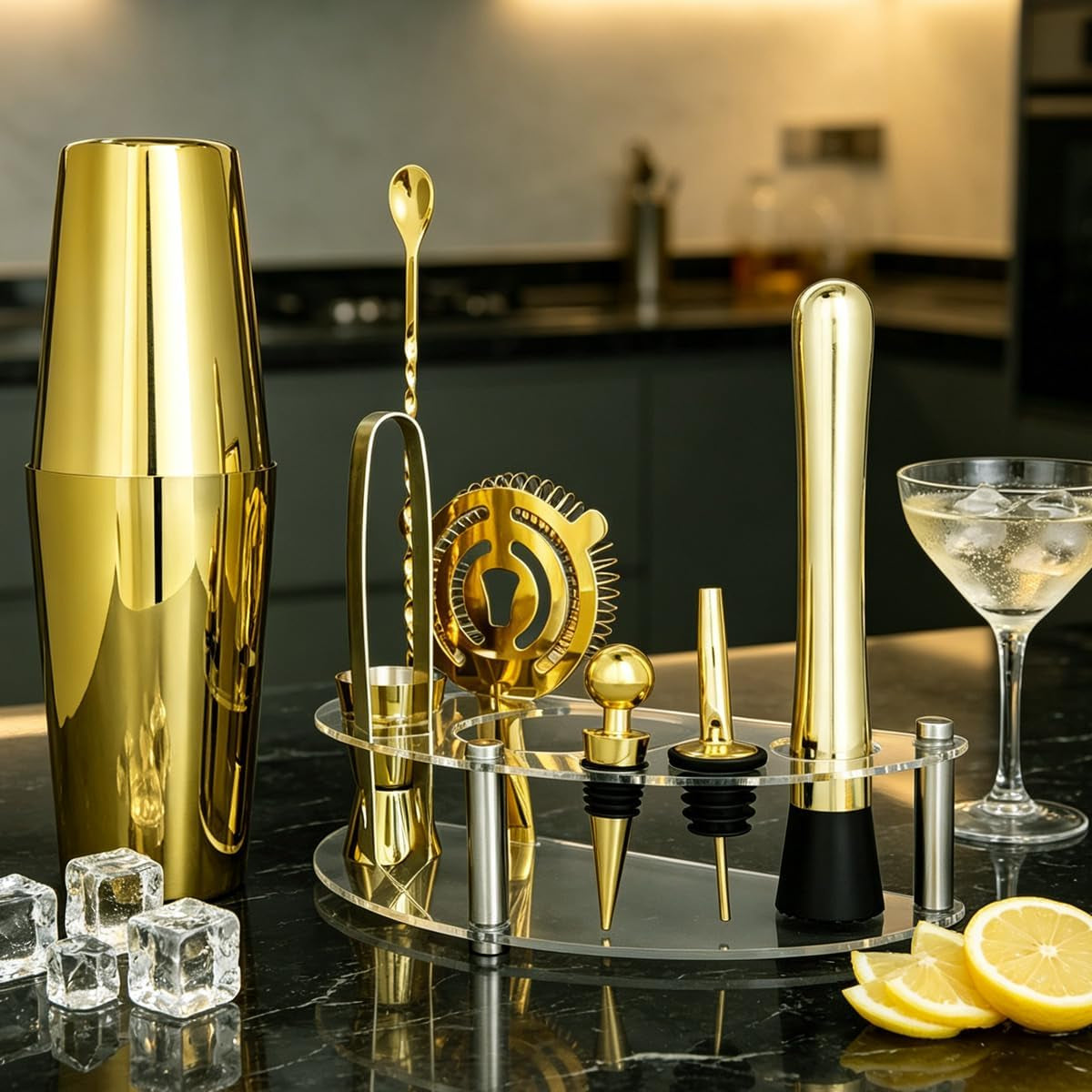 9-Piece Cocktail Shaker with Stand, 25Oz Bartender Kit, Cocktail Shaker with Strainer Set, Boston Shaker Set, Bar Set Jigger for Bartending Drink Mixer Set, Cocktail Set Recipes (Gold-25/20Oz)