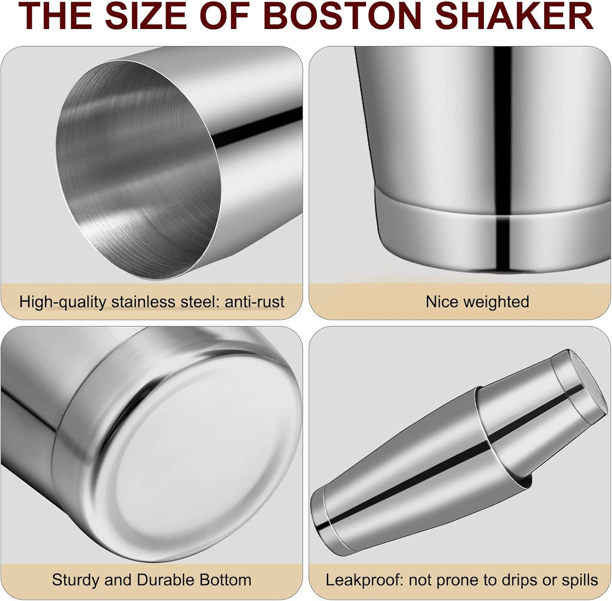 10 Pieces Stainless Steel Cocktail Shaker Boston Set, Silver