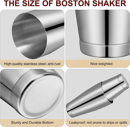 10 Pieces Stainless Steel Cocktail Shaker Boston Set, Silver