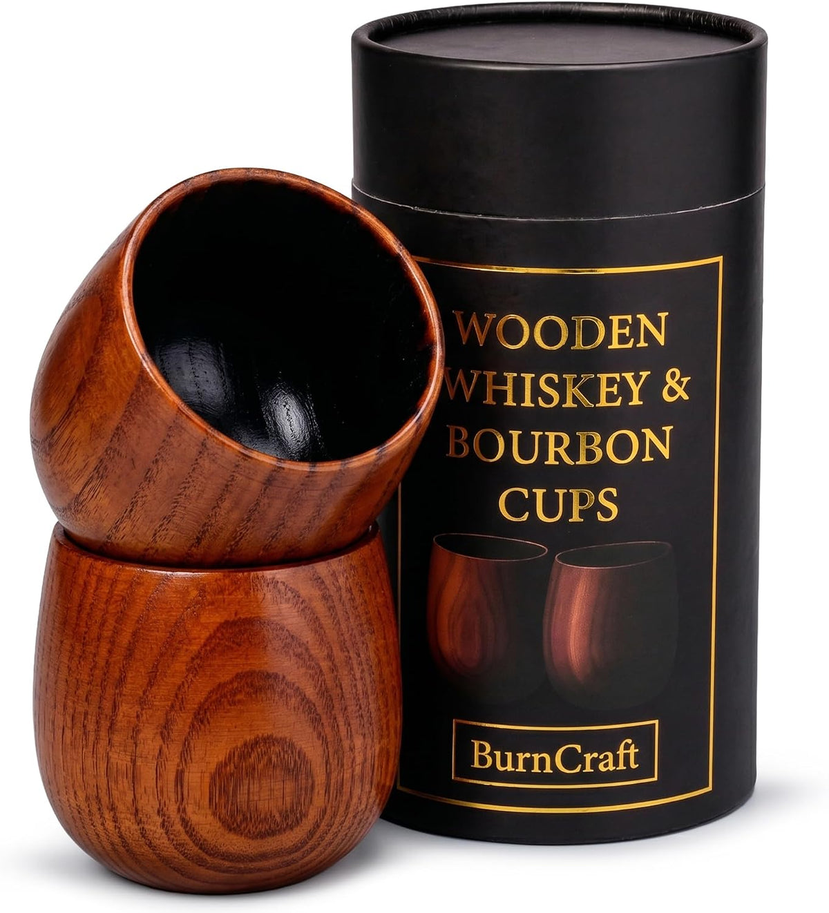 Charred Wooden Whiskey Glass Set of 2 - Artisan Bourbon Tumbler for Men - Natural Wood Drinking Cup for Whiskey Lovers - Gift for Husband, Father, Brother or Boyfriend - Gifts for Men and Father’S Day