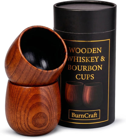 Charred Wooden Whiskey Glass Set of 2 - Artisan Bourbon Tumbler for Men - Natural Wood Drinking Cup for Whiskey Lovers - Gift for Husband, Father, Brother or Boyfriend - Gifts for Men and Father’S Day