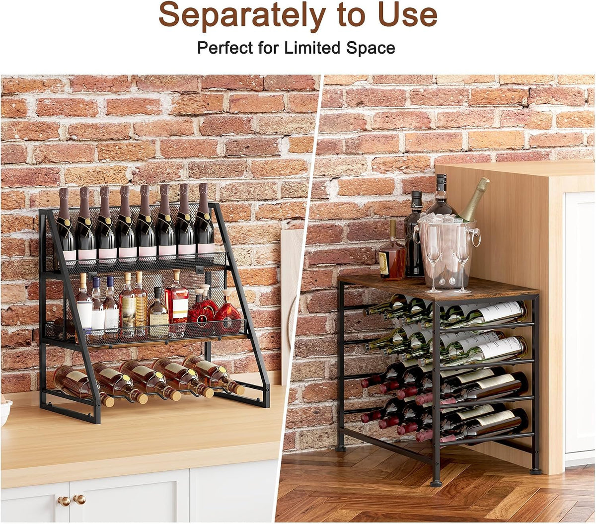 Wine Rack Freestanding Floor Modular Split 40 Bottles Vertical Countertop Wine Racks Tall Liquor Bottle Display Shelf with Hidden Cork Organizer for Home Bar, Black/Antique