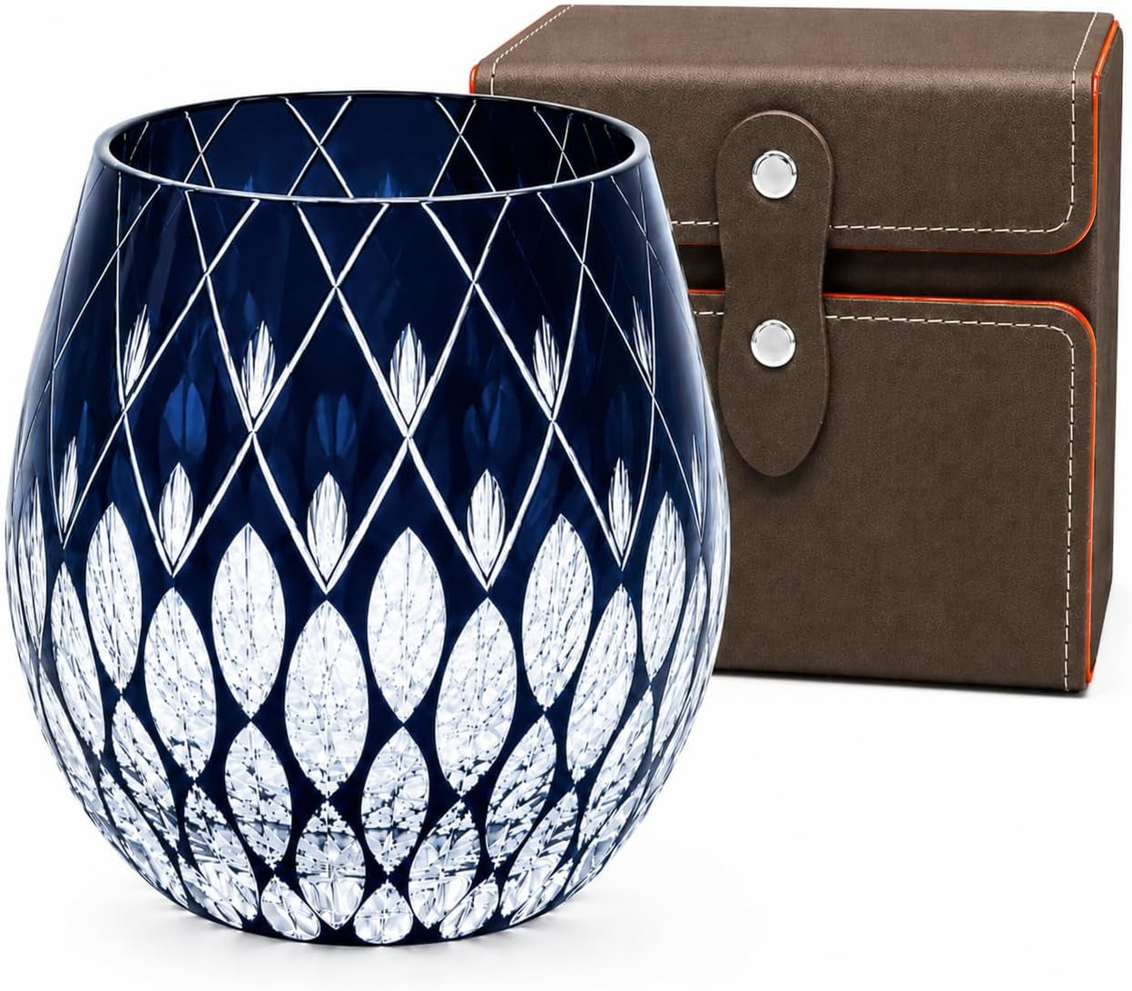 Blue Kiriko-Inspired Whiskey Glass with Gift Box, 10.8 Oz | Blue Hand-Cut Crystal Tumbler for Bourbon, Scotch, Old Fashioned Cocktails, Whiskey Stones and Gifting