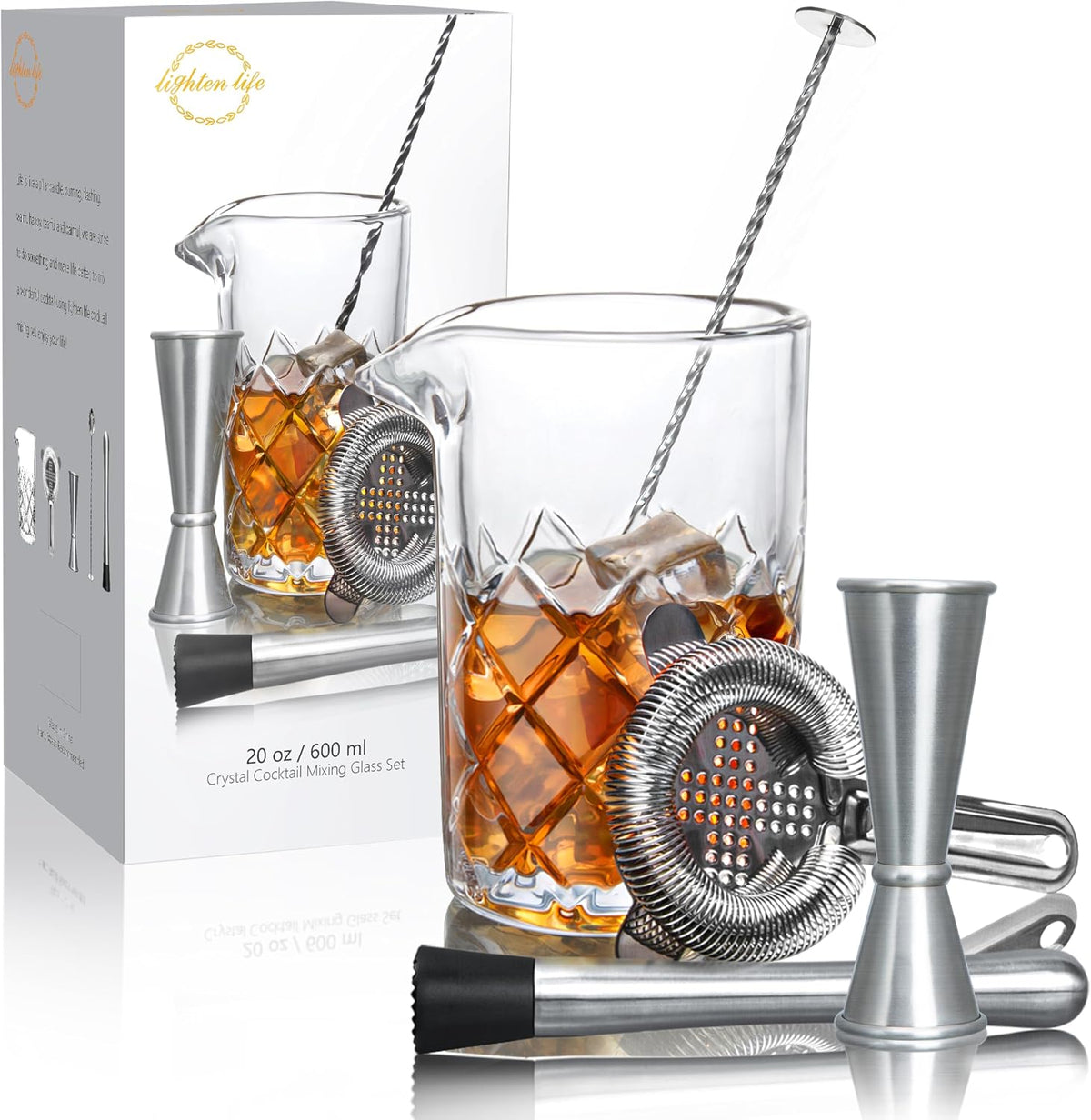 Cocktail Mixing Glass Set,Bar Mixing Set with 20Oz Crystal Thick Bottom Glass,Spoon, Jigger,Strainer and Muddle,5 Pieces Cocktail Mixing Glass Kits Perfect for Amateurs and Bartenders