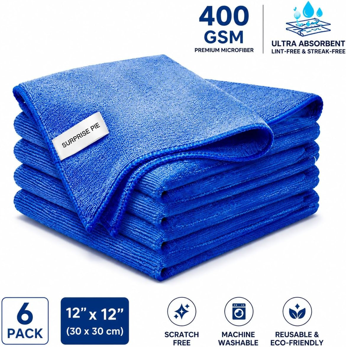 Premium Microfiber Cleaning Cloths, Ultra Absorbent Lint-Free Towels for Kitchen, Glass, Car Care, Stainless Steel & Household Cleaning, 400 GSM, 12" X 12"