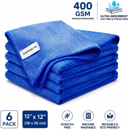 Premium Microfiber Cleaning Cloths, Ultra Absorbent Lint-Free Towels for Kitchen, Glass, Car Care, Stainless Steel & Household Cleaning, 400 GSM, 12" X 12"