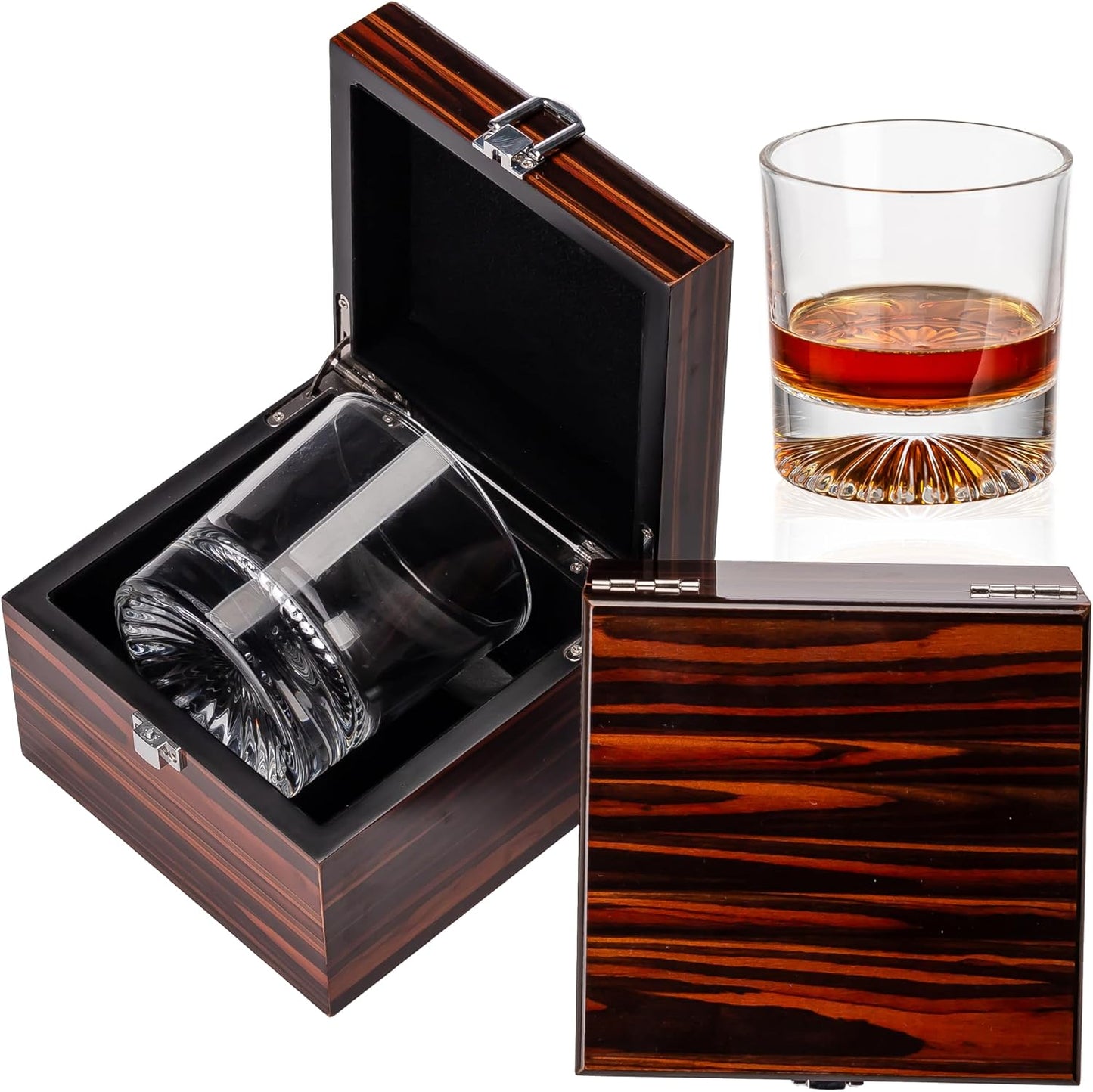 Premium Whiskey Rocks Glass Gift Set with Luxury Wood Gift Box, Crystal Glass Bourbon Rocks Glass for Men, Dad, Husband, Birthday, Retirement, Groomsman, Christmas Gift (Round Orb)
