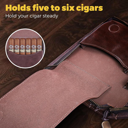 Portable Travel Leather Cigar Case, Handmade Full Grain Leather Cigar Box, Holds 5-6 Cigars, Cigar Humidor, Cigar Accessories for Men Gift