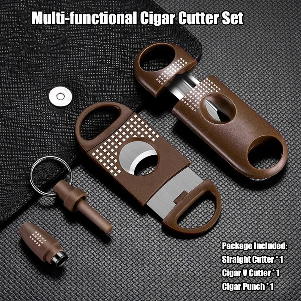 Cigar Cutter Set, with Cigar Straight Cutter, Cigar V Cutter, Cigar Punch, Multi-Functional Cigar Accessories Kit for Cigar Humidor Case, Portable Cigar Tools for Travel Outdoors (Brwon)