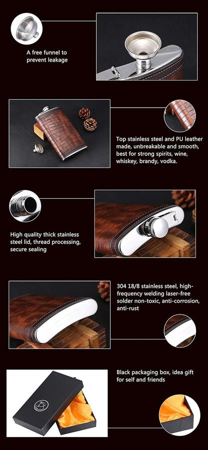 12 Oz Crocodile Pattern Brown Leather Whiskey Liquor Flask