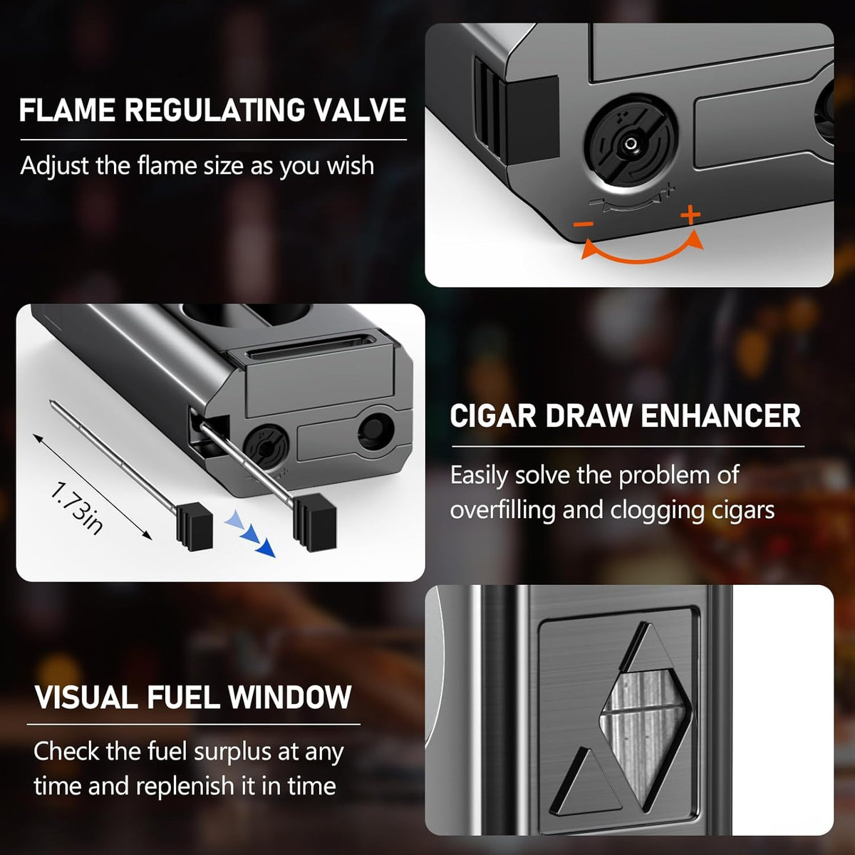 Cigar Torch Lighter, 4 Jet Flame Cigar Lighter with Cigar Cutter V Cut Cigar Accessories Cigar Holder Cigar Punch Cigar Draw Enhancer, Windproof Refillable Butane Lighter, Cigar Gifts for Men