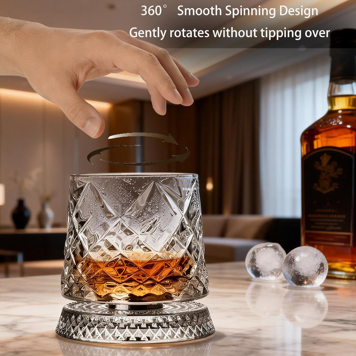 Spinning Whiskey Glass,Set of 2 – 360° Rotating Crystal Whiskey Tumblers with Heavy Base,Lead-Free Premium Glass for Bourbon & Scotch,Unique Gift for Men(A)