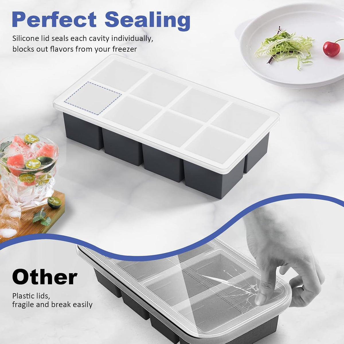 Large Ice Cube Trays for Whiskey:  Big Silicone Ice Cube Trays 2Inch - Huge Square Ice Cubed Tray for Whisky and Cocktail