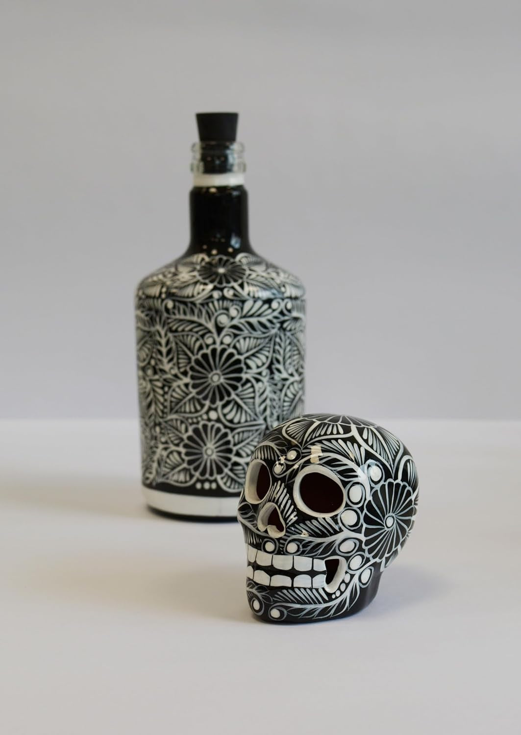 Tequila Decanter Set, Liquor Decanter with Shot Glasses and Mexican Sombrero, Hand-Painted Decanter, Skull Decanter, Bar Decoration, Unique Tequila Gift, Gift for Dad, (Black Decanter Set)