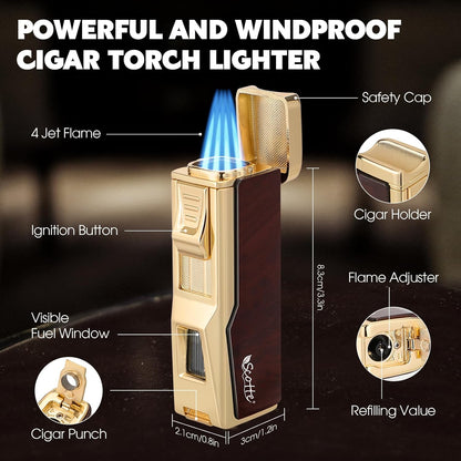 Cigar Humidor Box, Cigar Lighter Cedar Wood Lined Leather Cigar Case Built in Hygrometer & Humidifier, Torch Lighter with Cigar Holder Cigar Punch Portable Travel Cigar Humidor Kit(No Butane)
