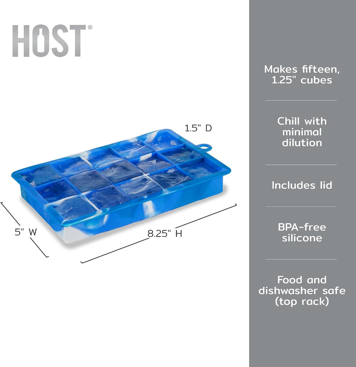 Ice Cube Tray with Lid, Makes 15 1.25" Cubes, Durable Silicone Trays, Perfect for Cocktails, Beverages, Mocktails, Iced Coffee, Tea, Infused Water, Kitchen Essentials, Set of 1, Blue Marble