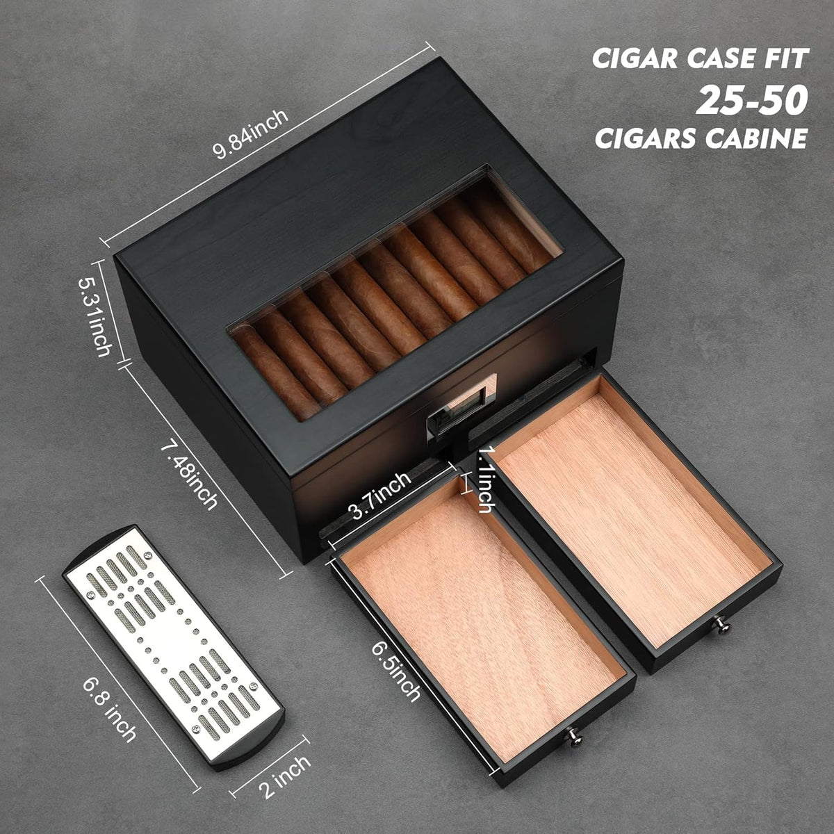 Cigar Humidor with 2 Drawers,Cigar Accessories with Humidifier,Humidor Cigar Box Solid Cedar Wood,Cigar Gifts for Men,Glass Top Humidor,Cigar Case Fit 25-50 Cigars,Desktop Cigar Box
