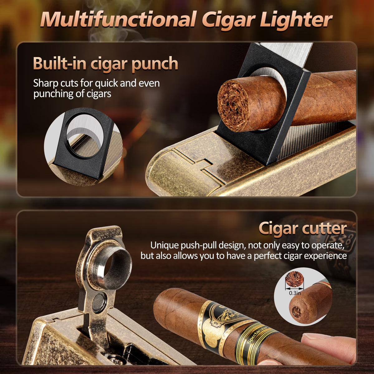 Travel Cigar Humidor,Leather Cigar Case with Cigar Lighter,Built-In Straight Cigar Cutter Cigar Punch,Portable Cigar Box with Humidifier and Cedar Tray,Cigar Accessories Set for Men,Hold 7 Cigars