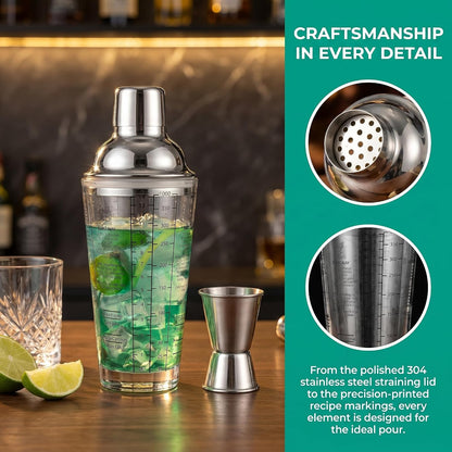 Glass Cocktail Shaker with Strainer, 14Oz Martini Shaker with 6 Recipes on Side, Clear Drink Shaker Bottle with Measurements, Bar Shakers Set Bartender Kit for Mixing Cocktail, Margarita