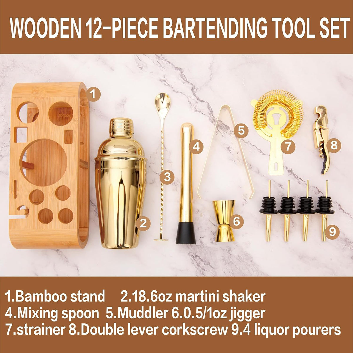 12Pcs-Cocktail Shaker Set Stainless Steel Bartending Kit 18.6Oz Cocktail Bar Set Cocktail Mix Drink Making Kit Professional Bar and Home Drink Bar Tools for Bartender(Gold, 12Pcs)