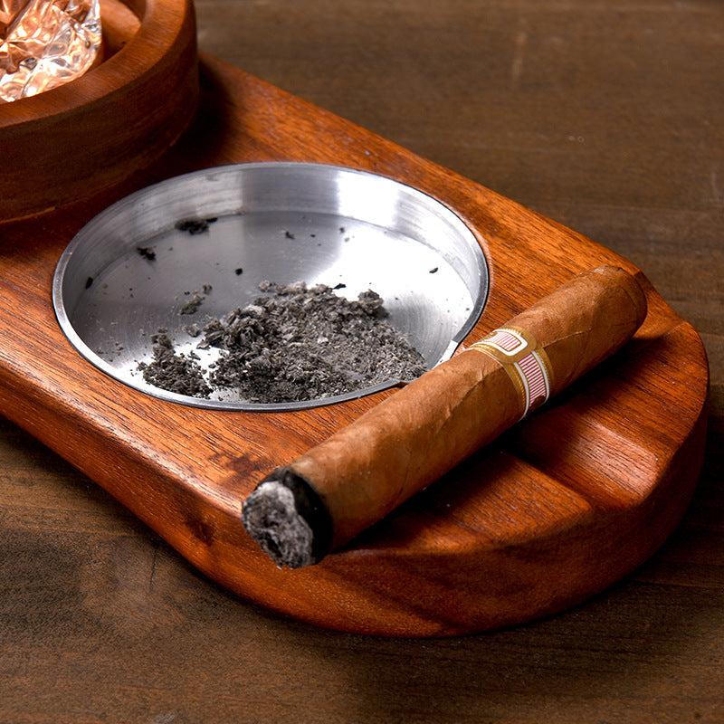 2-in-1 Wooden Ashtray & Cigar Holder with Rustic Wood Whiskey Glass Tray – Elegant Multifunctional Accessory