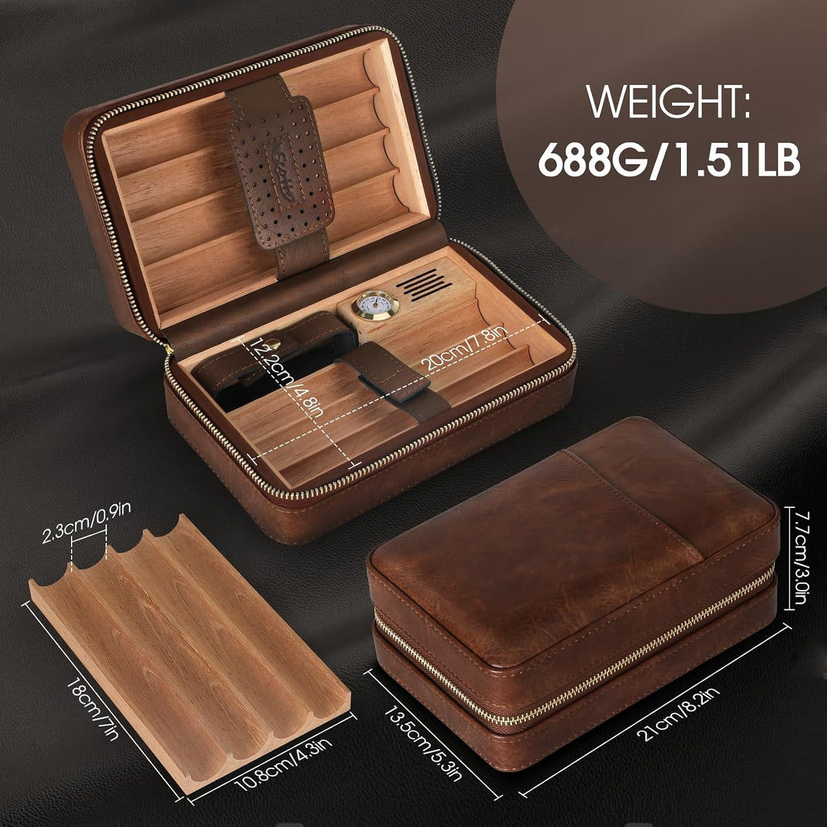 Cigar Humidor Box, Cigar Lighter Cedar Wood Lined Leather Cigar Case Built in Hygrometer & Humidifier, Torch Lighter with Cigar Holder Cigar Punch Portable Travel Cigar Humidor (Smooth Brown)