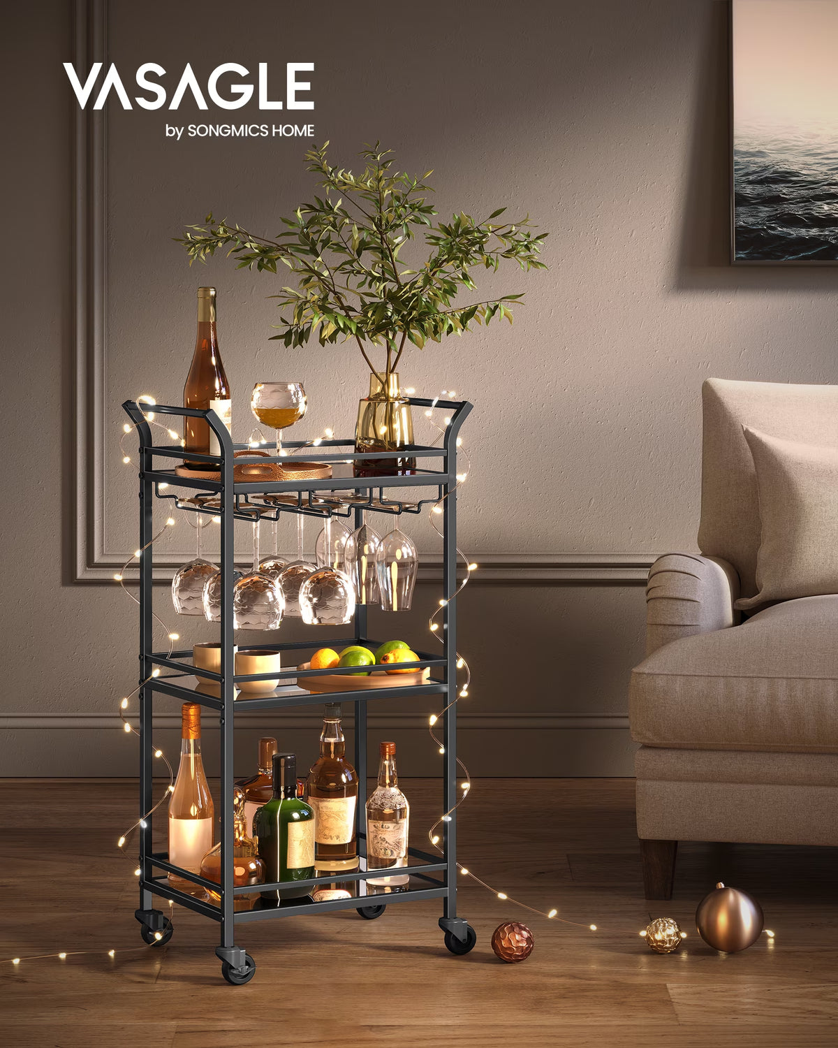 Bar Cart, Home Bar Serving Cart, Small Bar Cart with 3-Tier Shelf, Wine Holders, Glass Holders, Mini Bar Cart for Small Spaces, Ink Black