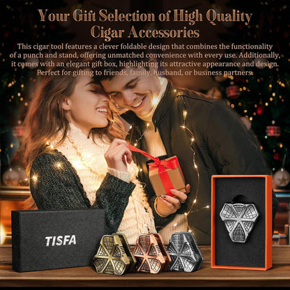 Cigar Punch with Cigar Holder Combo, Triple Punch Cutter and Stand | Mini Portable Cigar Accessories, Metal Cigar Hole Punch Cigar Rest Cigar Kit