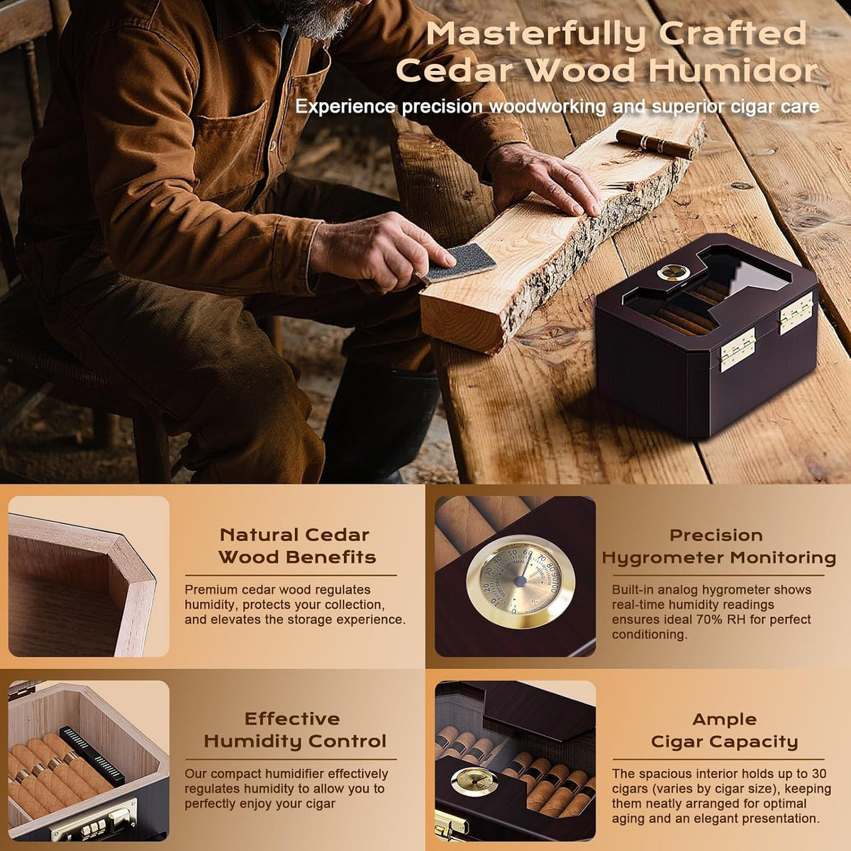 Cigar Humidor, Cedar Wood Desktop Humidor Cigar Box with Combination Lock, Glass Top Storage with Hygrometer & Humidifier, Accessory Drawer and Divider, Complete Cigar Accessories, Cigar Gifts for Men