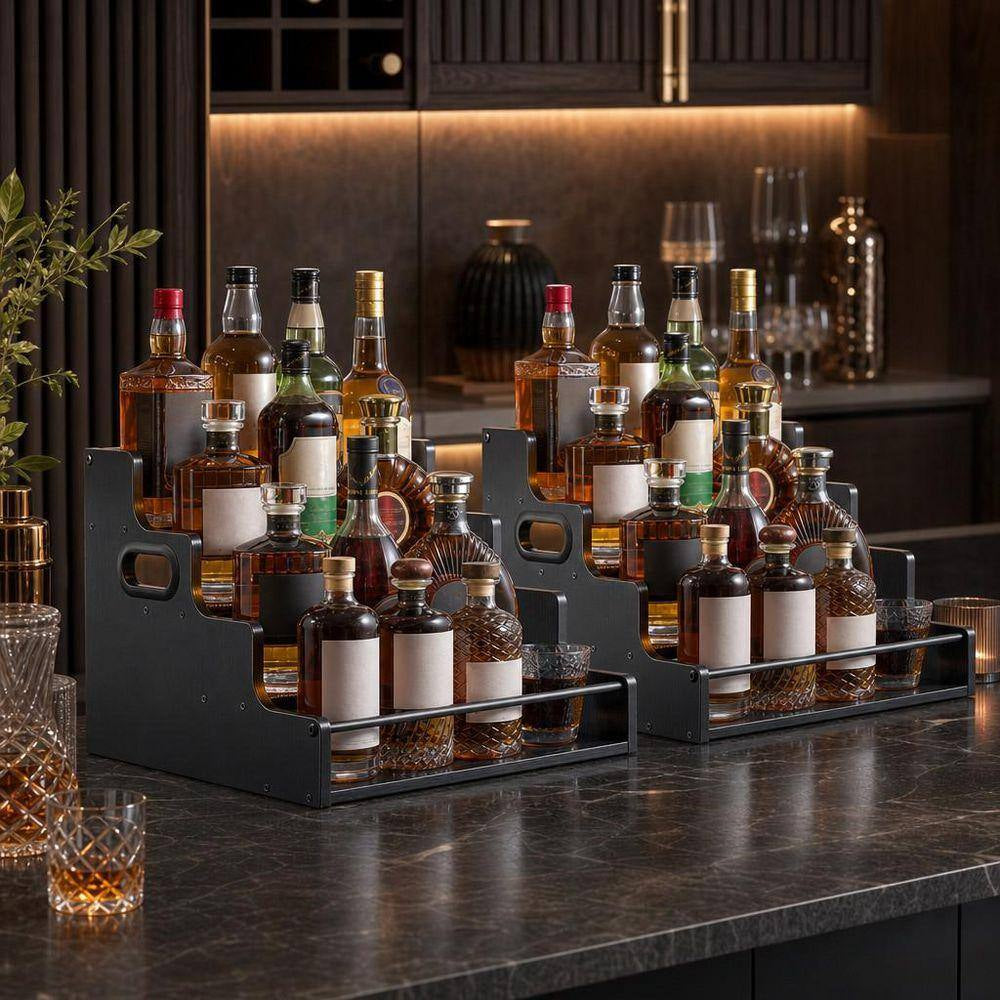 2-Pack 4-Tier 12.4 In. H X 16 In. W 16-Bottle Black Wooden Bar Shelves, Countertop Liquor Bottle Display Shelf