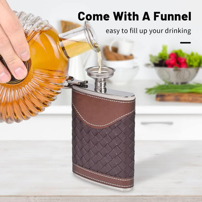 Hip Flasks for Men 8Oz Leather Flask Gift Set,304 Stainless Steel Flask Set W/Funnel Shot Glasses Lovely Gift for Whiskey Rum Groomsman Best Man Usher Wedding Camping-Leather Stripe Black8Oz