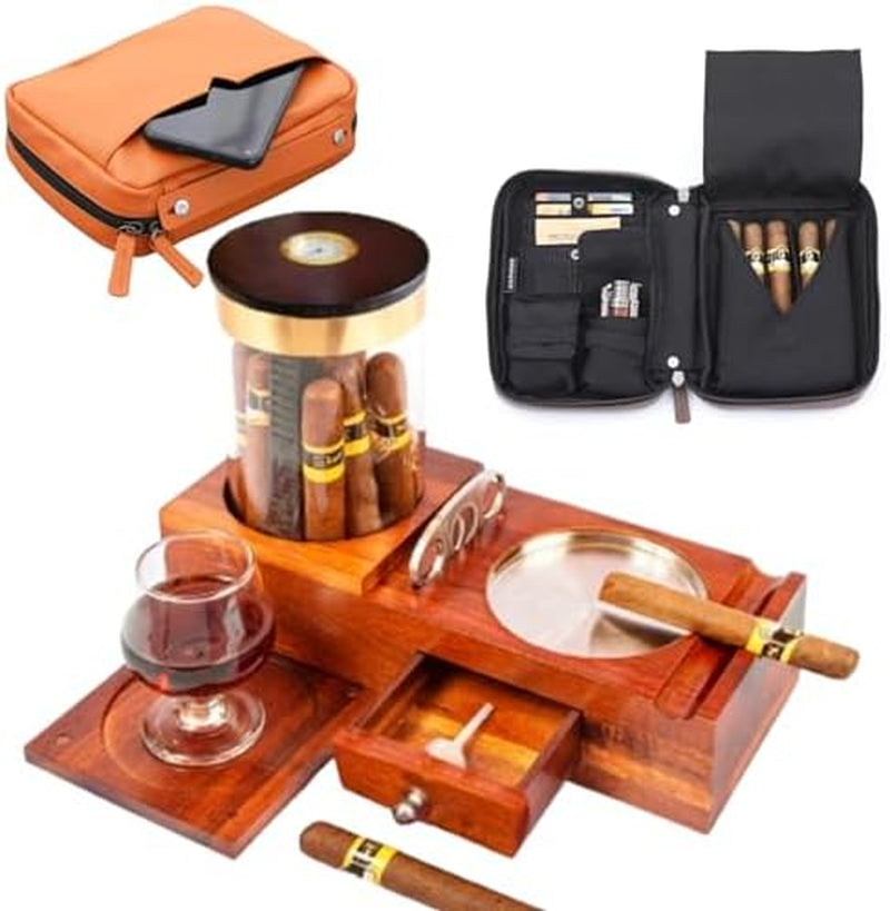 Cigar Humidor and Ashtray Set.Travel Leather Cigar Case,Luxury Men'S Cigar Accessories Gifts