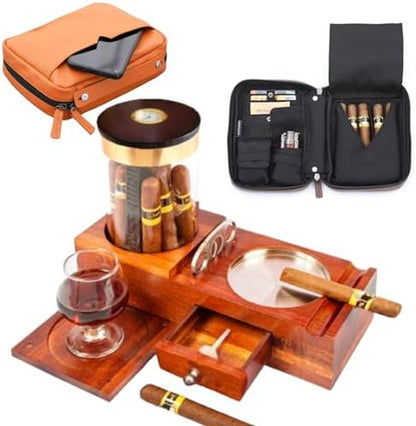 Cigar Humidor and Ashtray Set.Travel Leather Cigar Case,Luxury Men'S Cigar Accessories Gifts