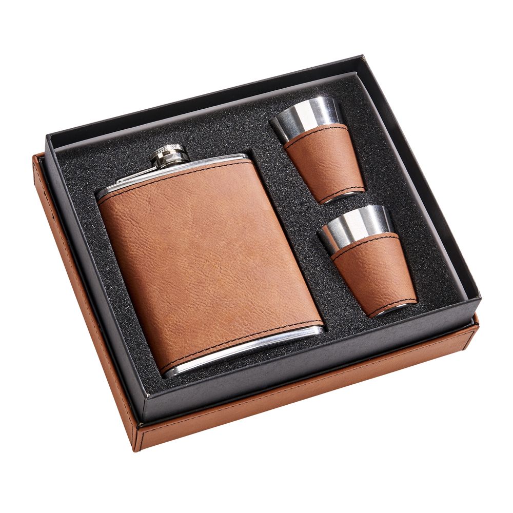 Caramel Leatherette Flask & Stainless Steel Shot Glass Set