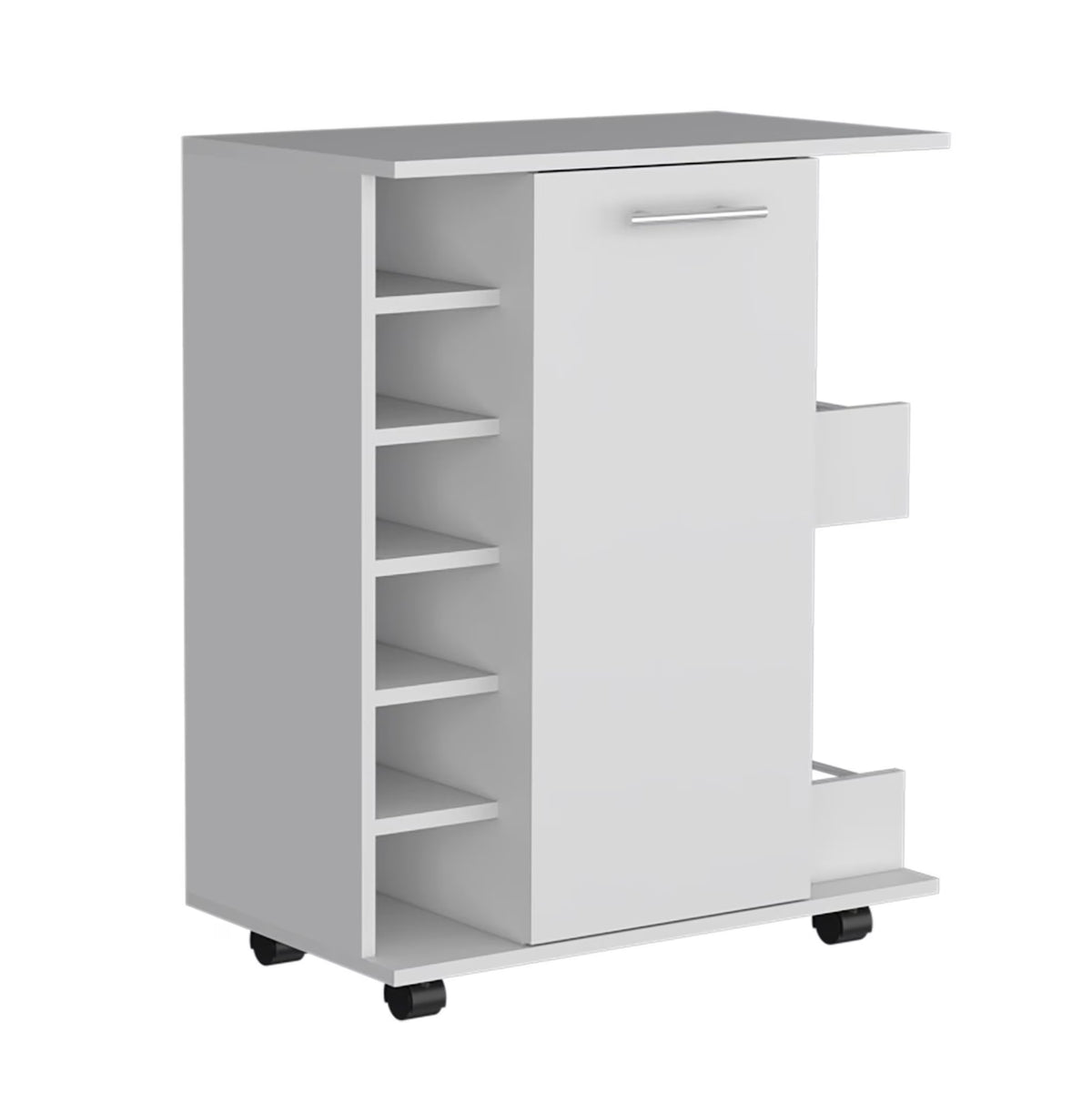 Bar Cart with Wine Storage, White Finish - Cabot Rolling Bar Cart with Shelves & Casters