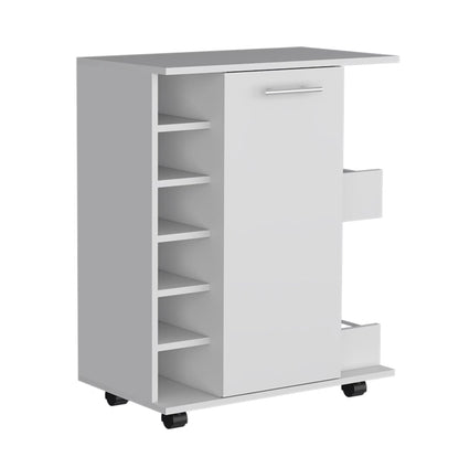 Bar Cart with Wine Storage, White Finish - Cabot Rolling Bar Cart with Shelves & Casters