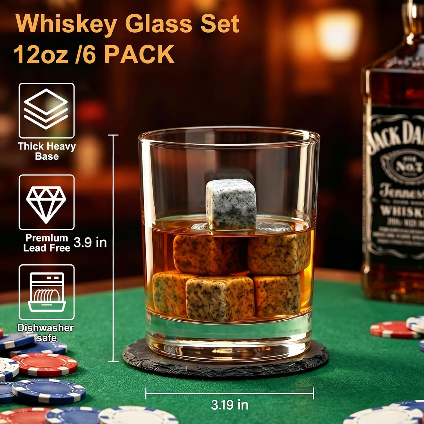 Whiskey Glasses Set of 6, Clear 12Oz Old Fashioned Glass, Heavy Base Scotch Glasses, Rocks Glasses for Bourbon, Liquor, Cocktail - Unique Gift for Father'S Day, Christmas, Birthday
