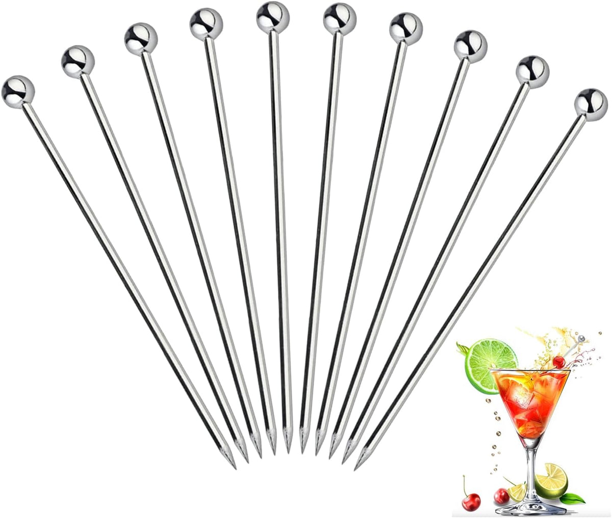 10Pcs Cocktail Picks, Stainless Steel Metal Martini Picks, Skewers for Appetizers & Toothpicks for Appetizers, Reusable Cocktail Picks for Drinks, Olives & Fruit