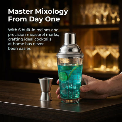 Glass Cocktail Shaker with Strainer, 14Oz Martini Shaker with 6 Recipes on Side, Clear Drink Shaker Bottle with Measurements, Bar Shakers Set Bartender Kit for Mixing Cocktail, Margarita