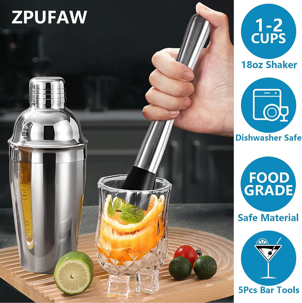 5-Piece Cocktail Shaker Set Shaker Strainer Jigger T-Mixing Spoon Muddler Bartender Kit Stainless Steel Bar Set Housewarming Gift
